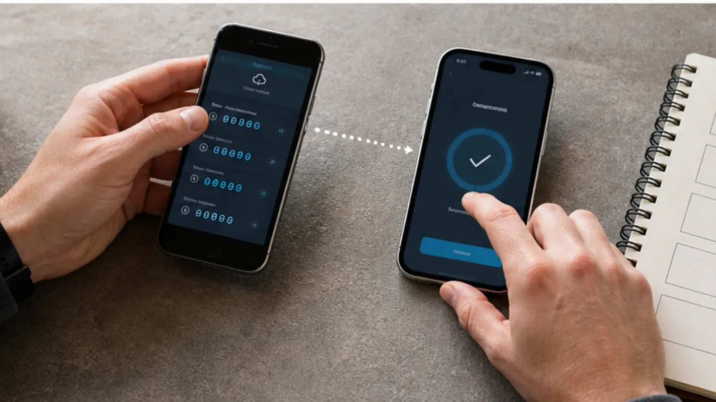Oude en nieuwe smartphone naast een notebook tijdens het zorgvuldig overzetten van authenticatorcodes